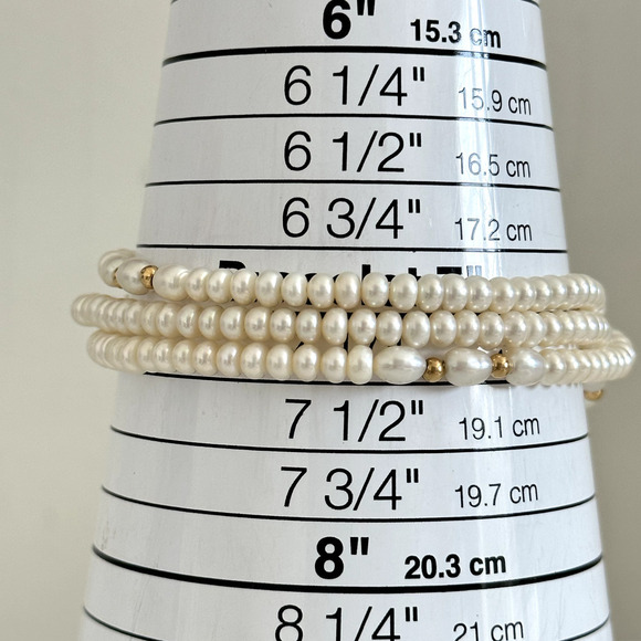 14K Yellow Gold Genuine Real Cream Pearl Triple Strand Bracelet - Picture 12 of 12